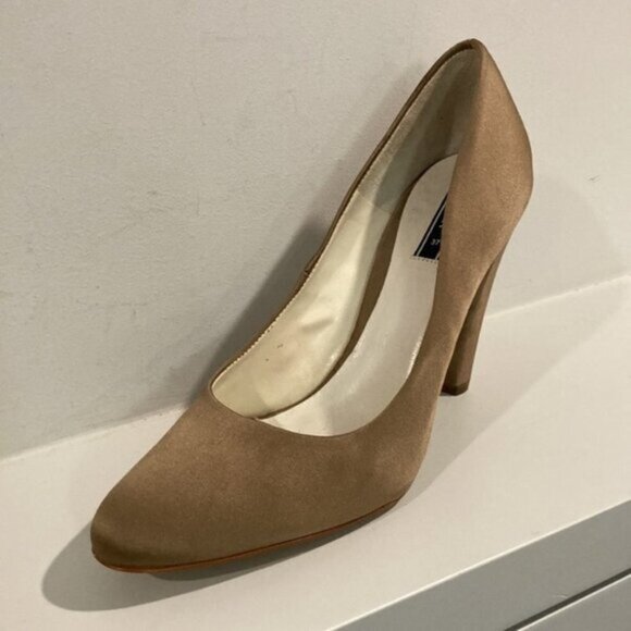 Zara Tan Satin Pumps Block Heels 37 - Picture 2 of 14